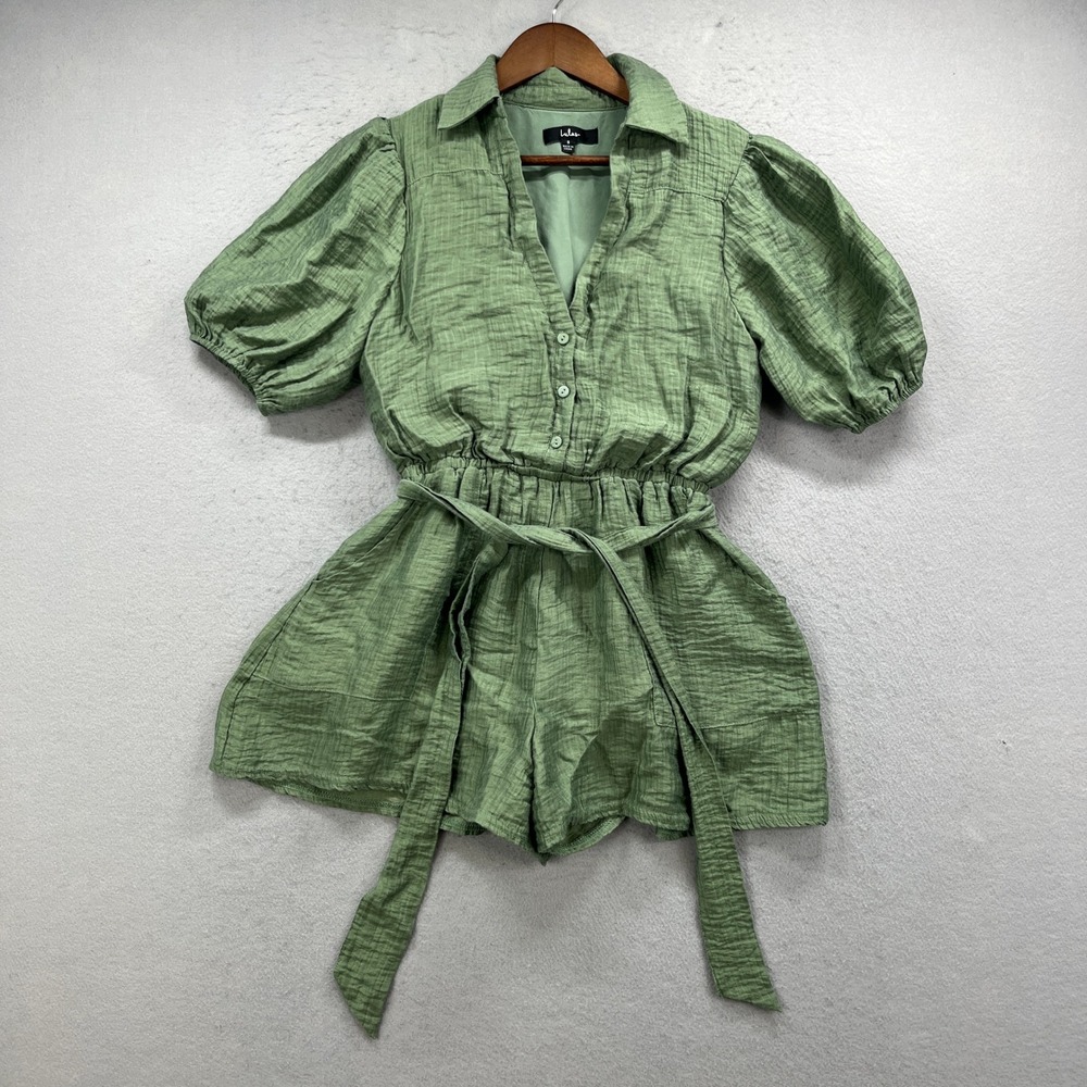 Lulus Romper Womens Small Green Puff Sleeve Tie Waist Boho Chic Vacation Coastal